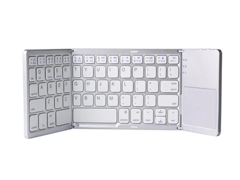Ultra-thin black tri-fold folding Bluetooth keyboard with touchpad shown in open and closed positions