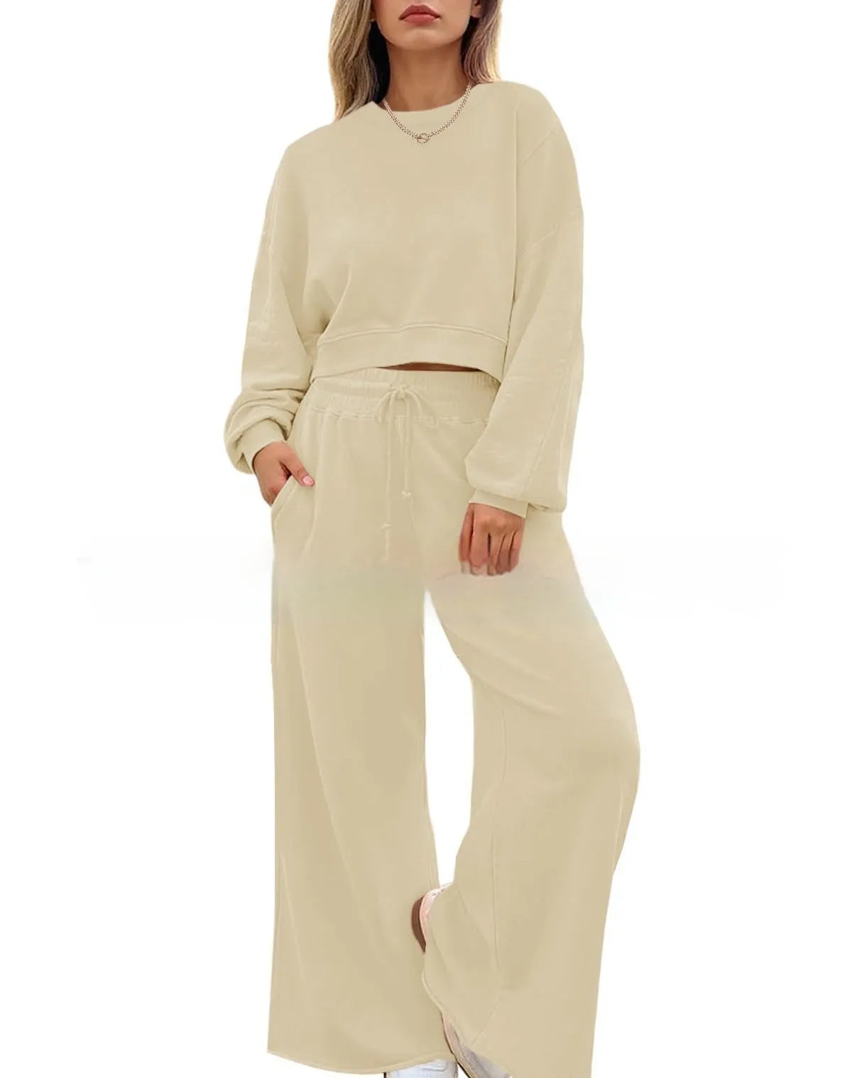Women's solid colour polyester trousers two-piece set with long sleeves