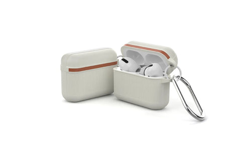 Silicone clamshell cover for Apple AirPods case in various colours, showing metal buckle.