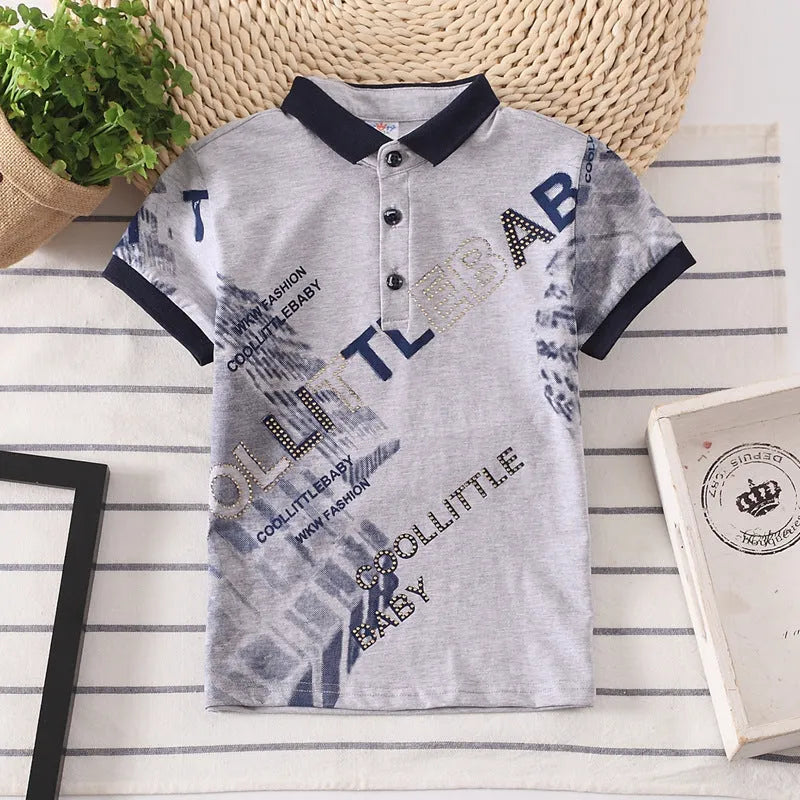 Boys' cotton polo shirt in navy colour with short sleeves and lapel collar