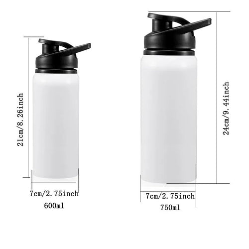 White aluminium sports cycling water bottle in 600ml and 750ml sizes for outdoor hydration