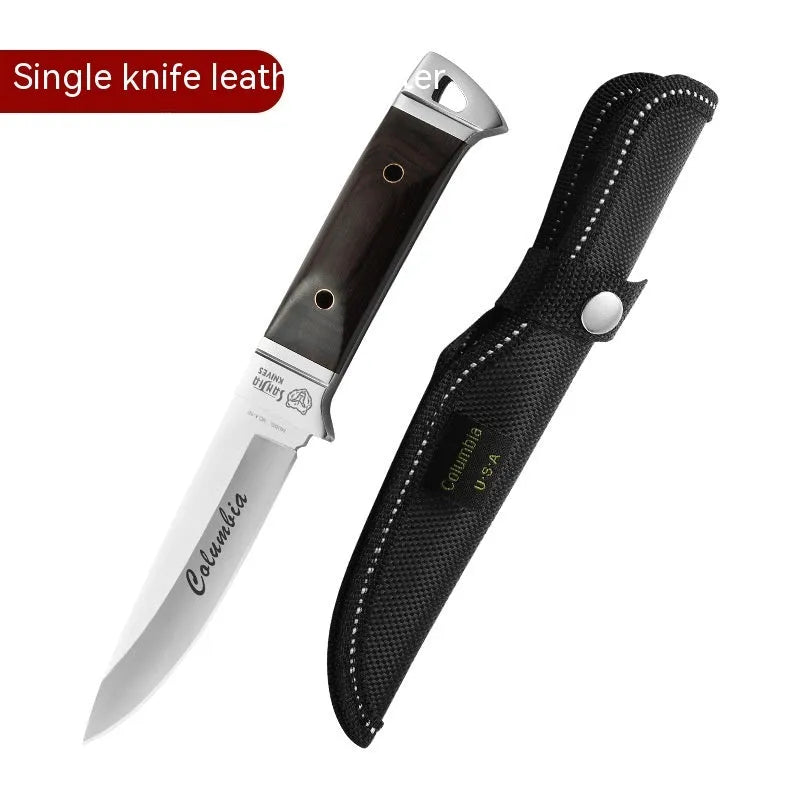 Camping portable fruit knife with stainless steel blade and brown leather protective case.