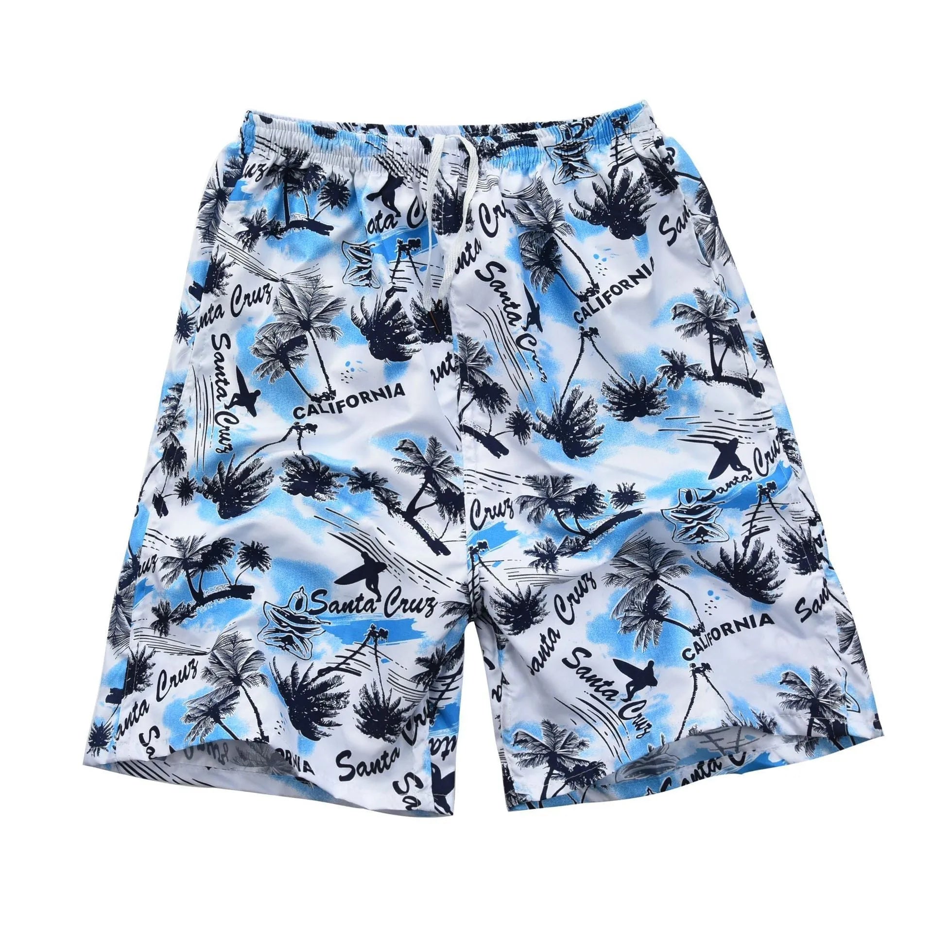 Men's floral print five-point swimming trunks in polyester, showing one of 24 available colour patterns.
