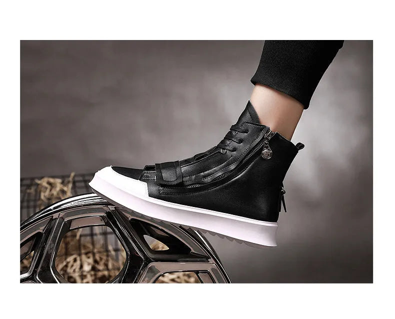 Men's black PU leather winter ankle boots in high-top sneaker style with microfibre upper