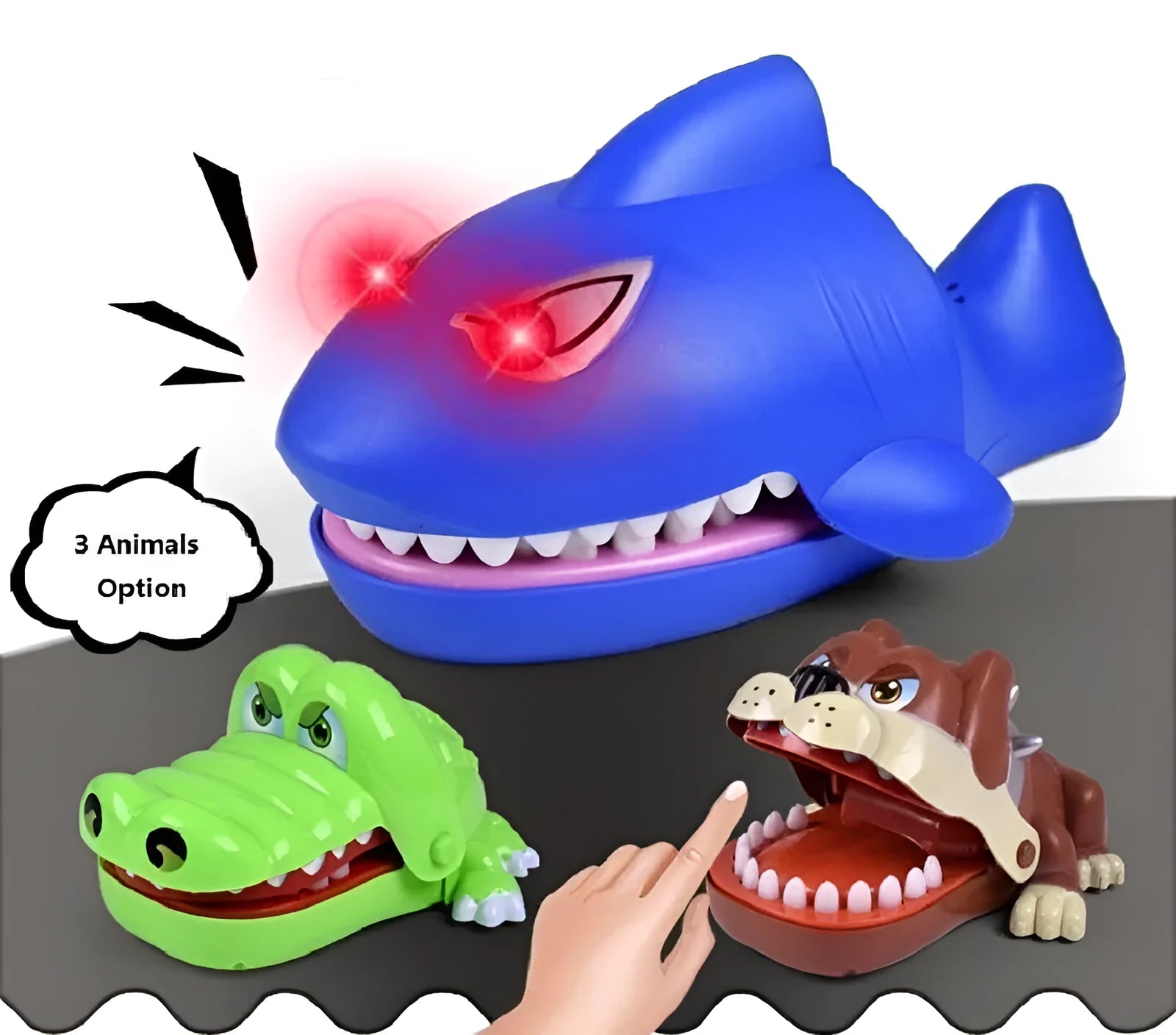 Multicoloured plastic bite hand animal interactive toy showing dog, crocodile, shark, and hippo designs