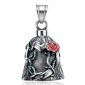 Polished titanium steel motorcycle lucky bell with a double-sided epoxy rose design in retro steel colour.