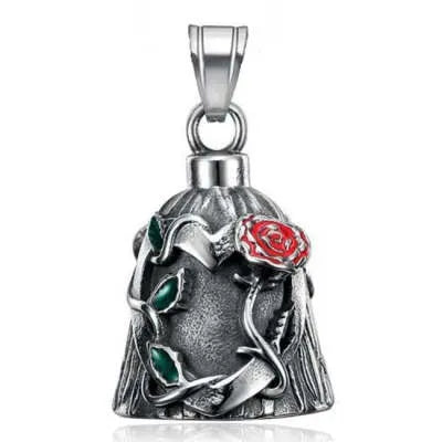 Polished titanium steel motorcycle lucky bell with a double-sided epoxy rose design in retro steel colour.
