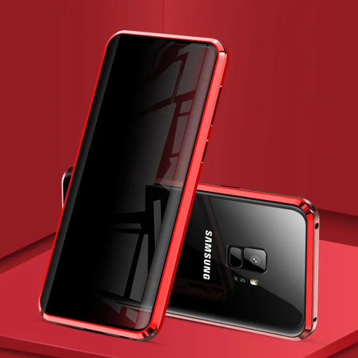 Magnetic anti-peeping phone case for Samsung Galaxy with double-sided glass construction in clamshell design