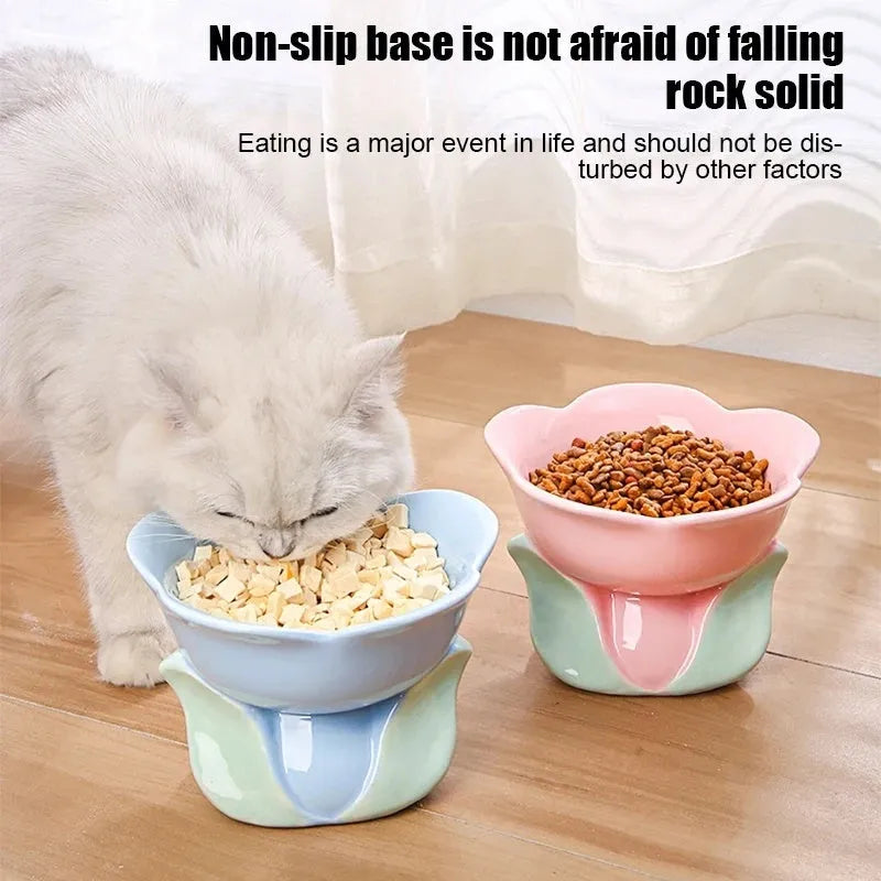 Blue floral patterned elevated ceramic bowl for cat or small dog feeding