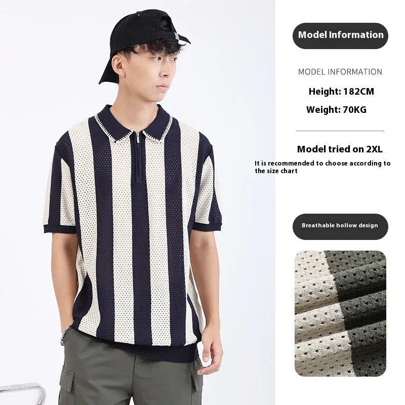 Men's black and white striped short sleeve summer sweater with zipper decoration detail