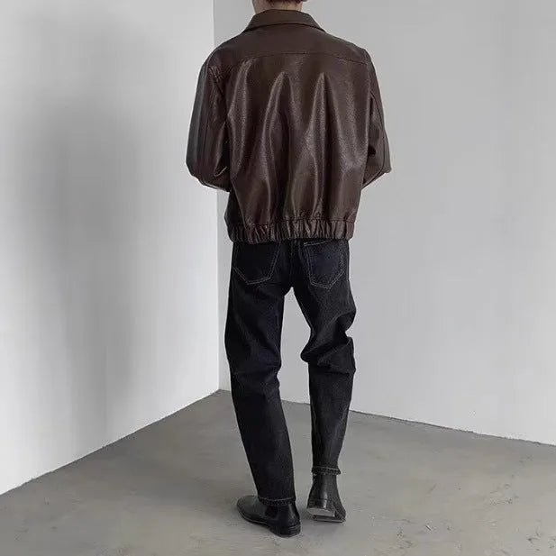 Brown PU leather jacket with straight hem, Korean-style couple hip-hop top