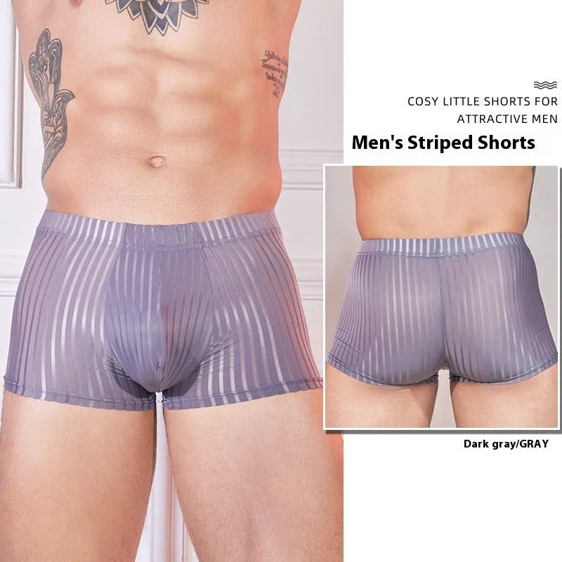 Men's striped underwear in thin transparent nylon fabric, shown in black, dark grey, and white colours.