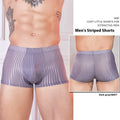 Men's striped underwear in thin transparent nylon fabric, shown in black, dark grey, and white colours.