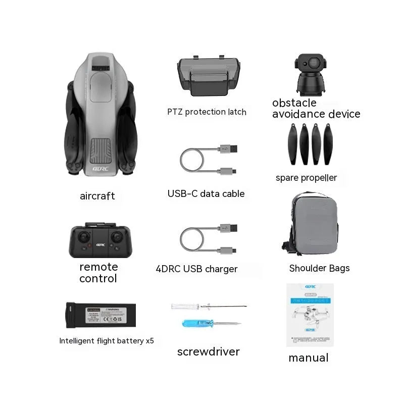 White folding quadcopter drone with camera, remote control, and shoulder bag on a table.