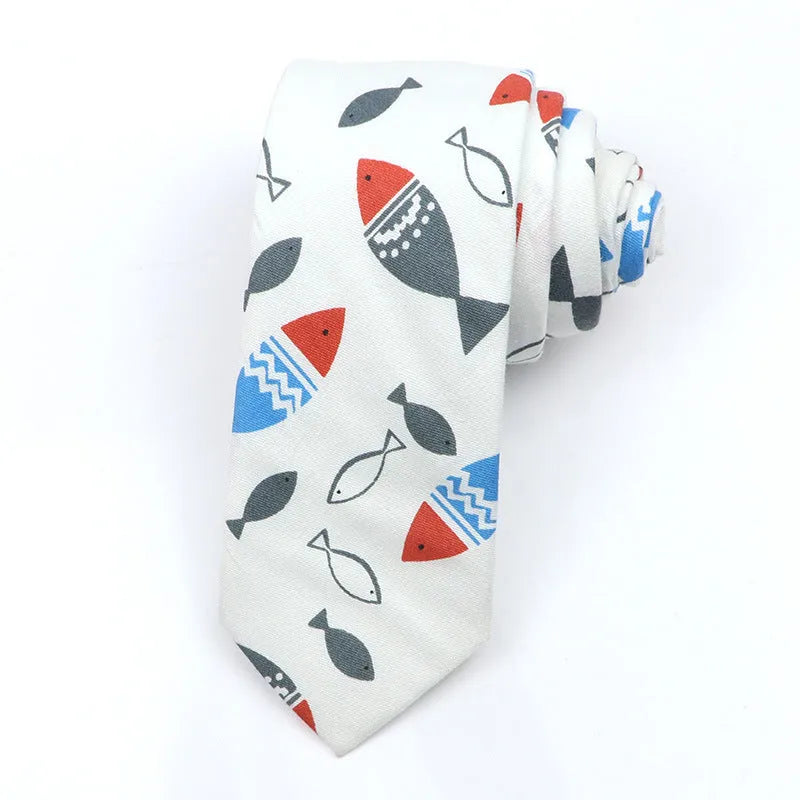 Men's narrow cotton bow tie in a cartoon print with an adjustable knot, shown in a selection of colours.