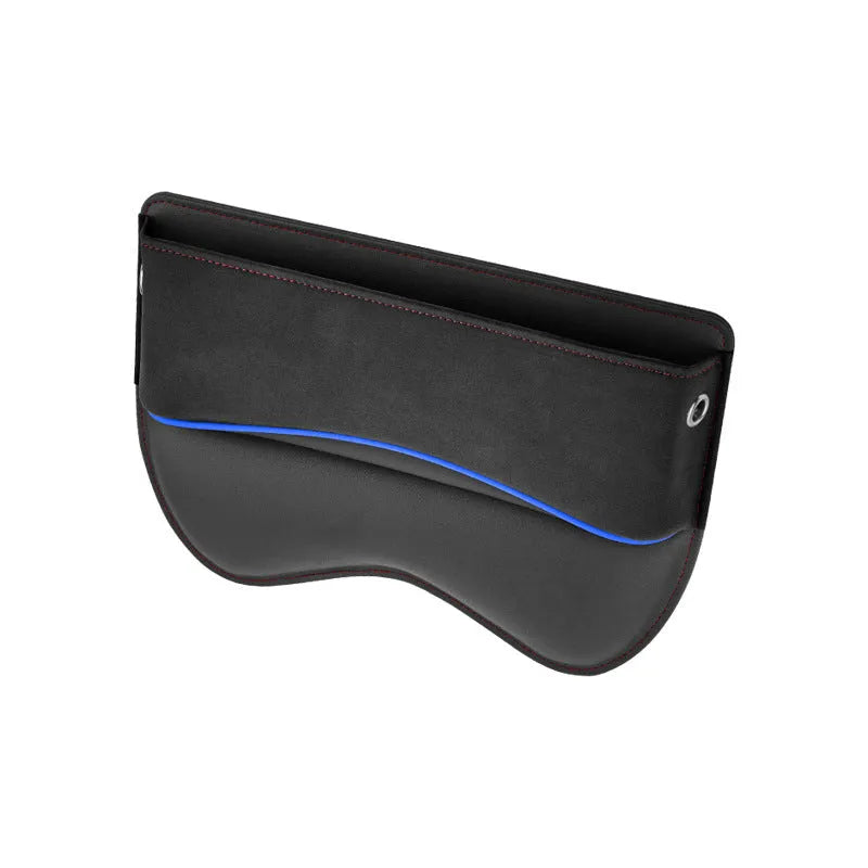 Leather car seat storage box in beige colour on a car passenger seat.