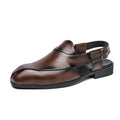 Plus size men's slip-on square toe artificial pu sandals in black with rubber sole and stitched detailing on a light background