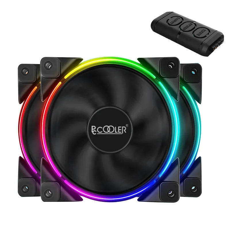 Three black 120mm RGB PC case fans with illuminated blades