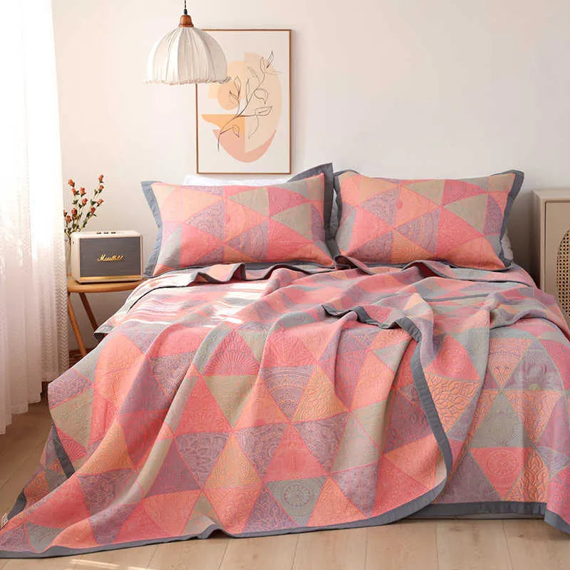 Cotton gauze bed blanket set with floral pattern including blanket and two pillowcases