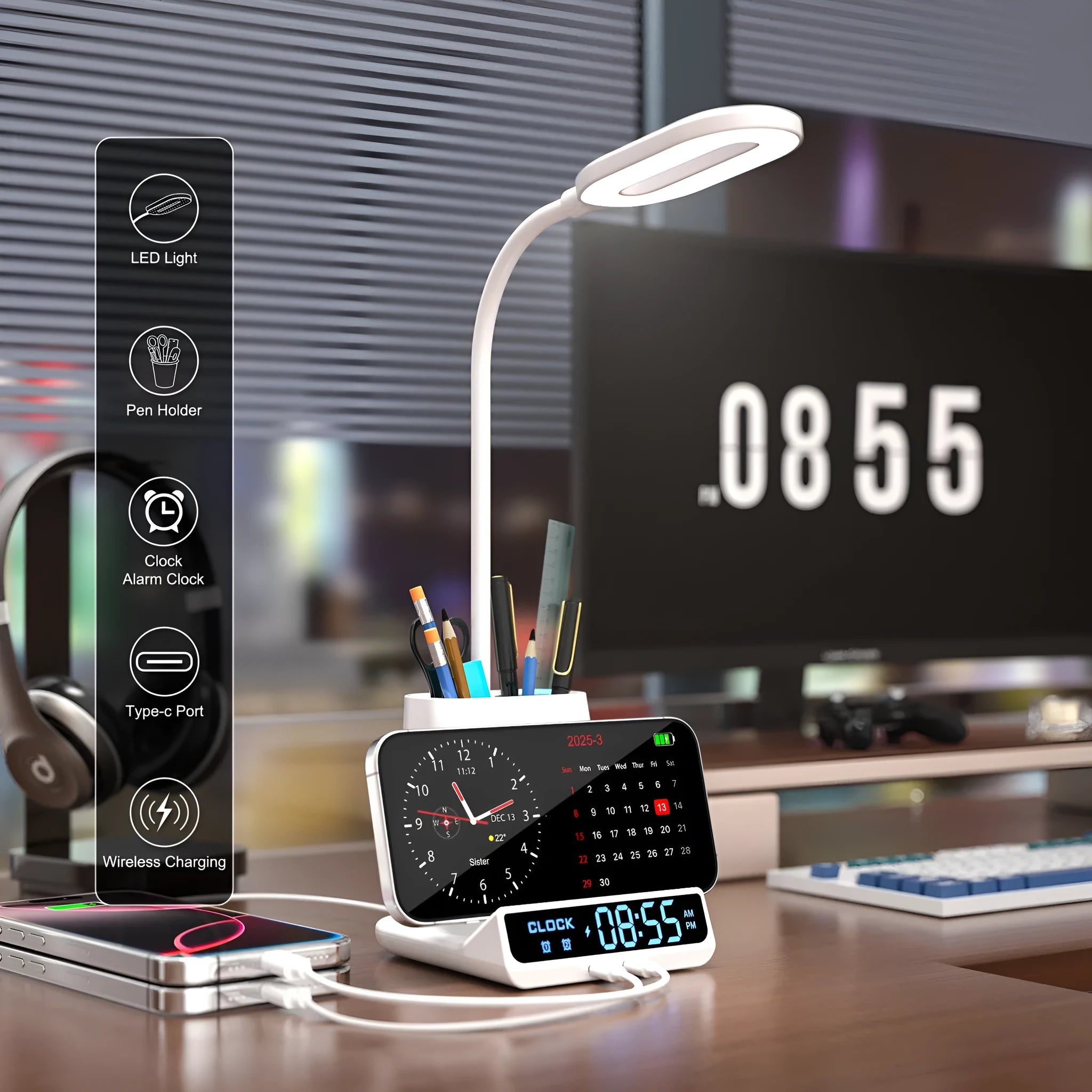Modern minimalist desk lamp with wireless charging surface, pen holder, and storage compartments