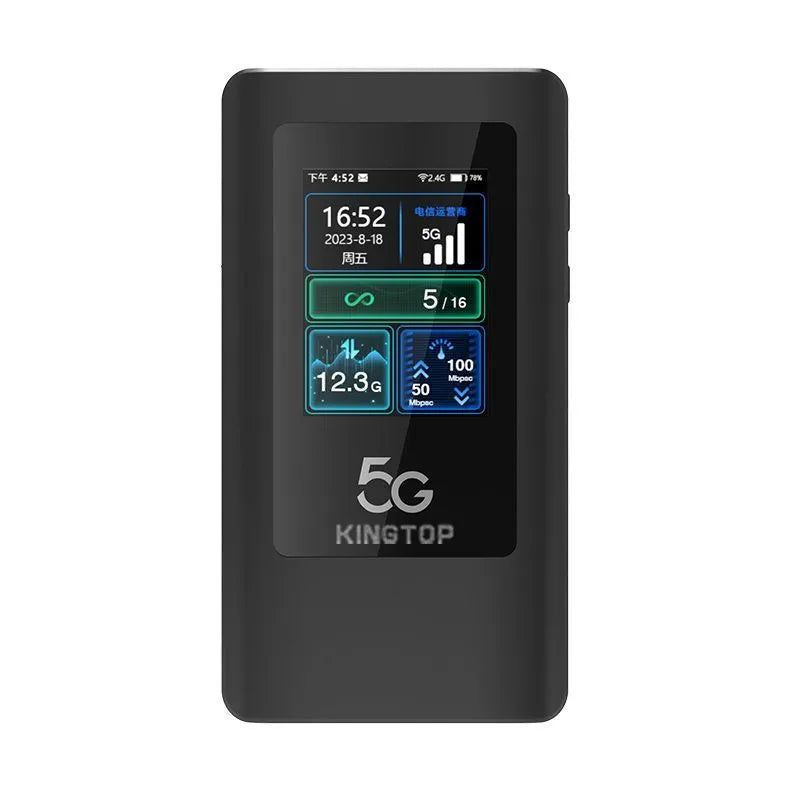 Black 5G portable Wi-Fi router with LCD display showing 4400mAh battery and TYPE-C port