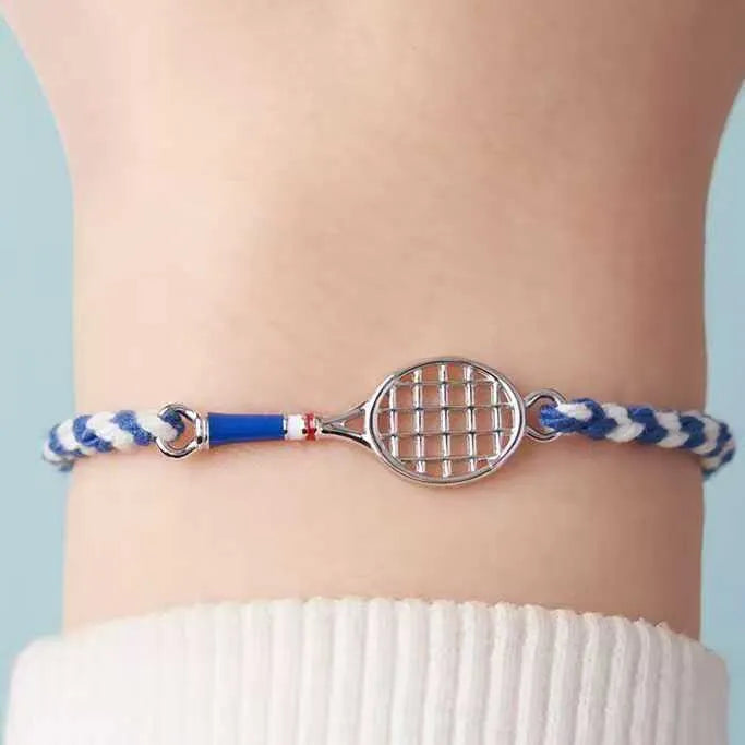 Retro blue and white rope woven tennis racket wristband bracelet with copper base and geometric dream catcher design