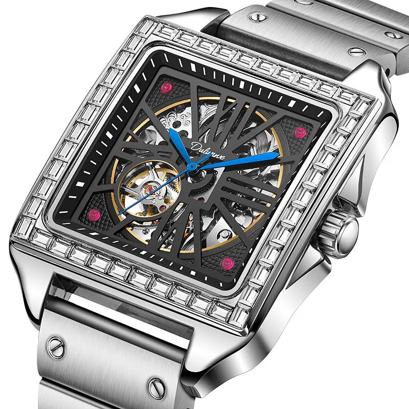 Men's automatic watch with square diamond-studded case and stainless steel bracelet