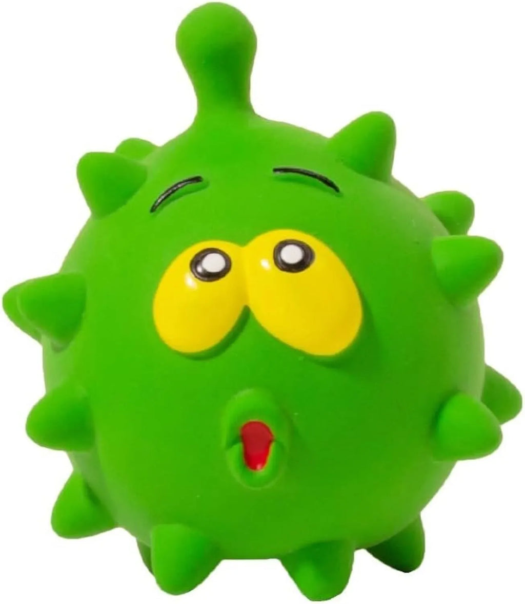 Set of four coloured latex squeaky dog balls with cute faces on a bumpy surface.