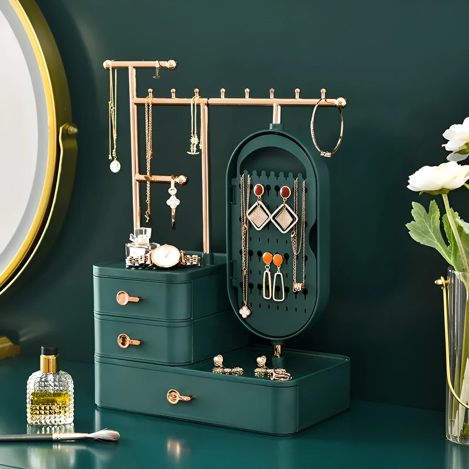 Light luxury cosmetics storage box with mirror in Pearl White, 27x17x18cm plastic desktop organiser