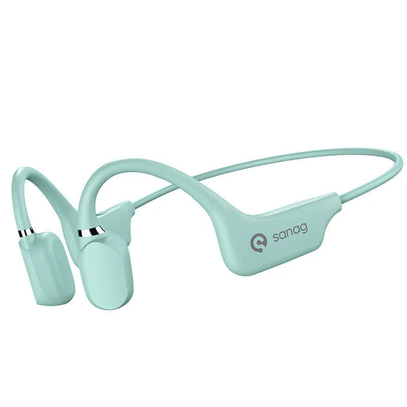 Bone conduction Bluetooth sports headphones with a neckband, shown in multiple colours including red and blue.