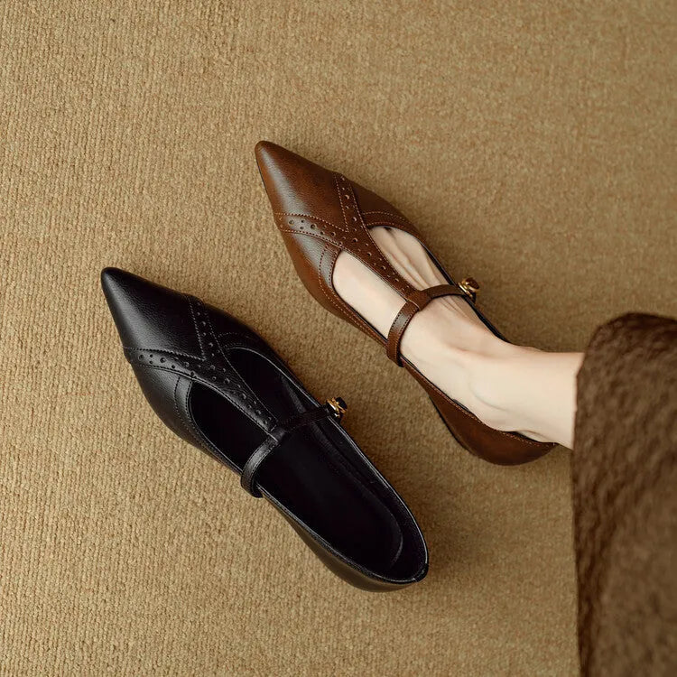 Brown cowhide leather pointed toe women's flat shoes with a low cut and mid heel