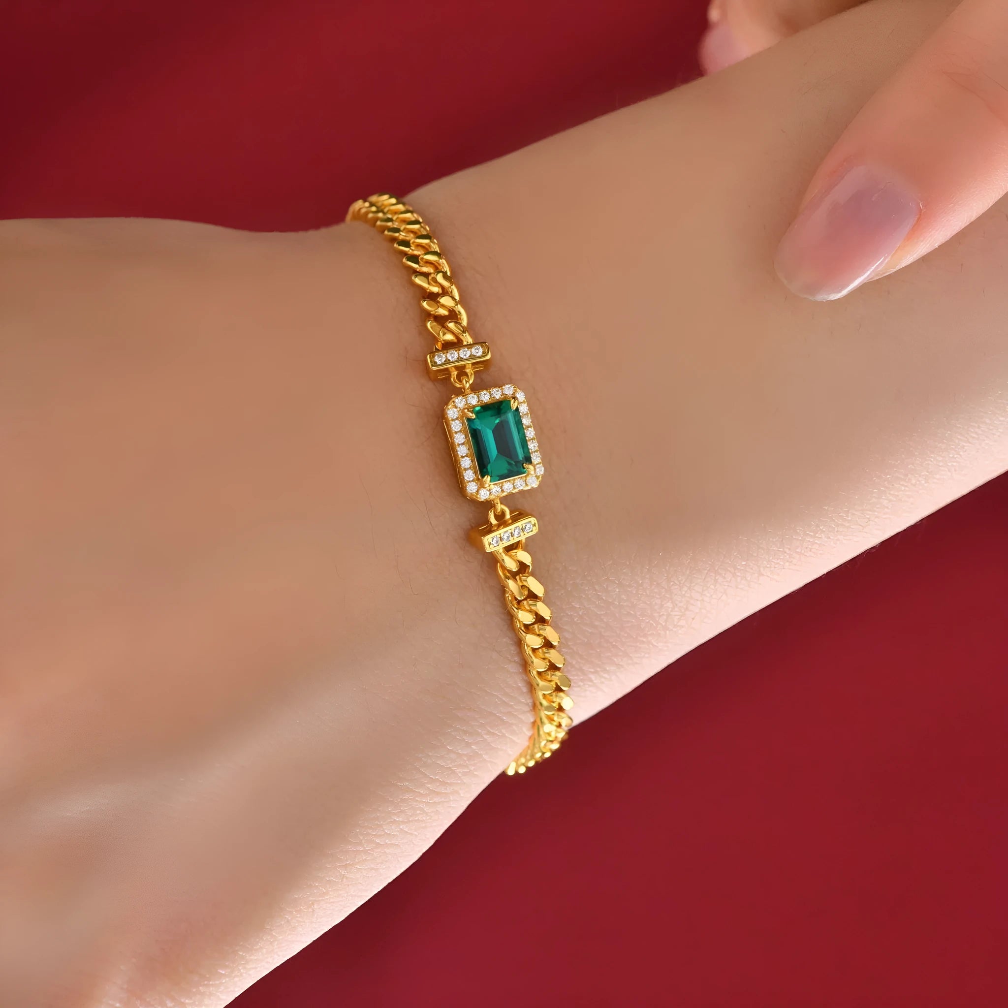 Cuban bracelet in 925 silver with green finish and flower shape, 17cm length for women