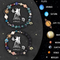 Set of two natural stone beaded bracelets for Chinese zodiac signs on a wooden surface.