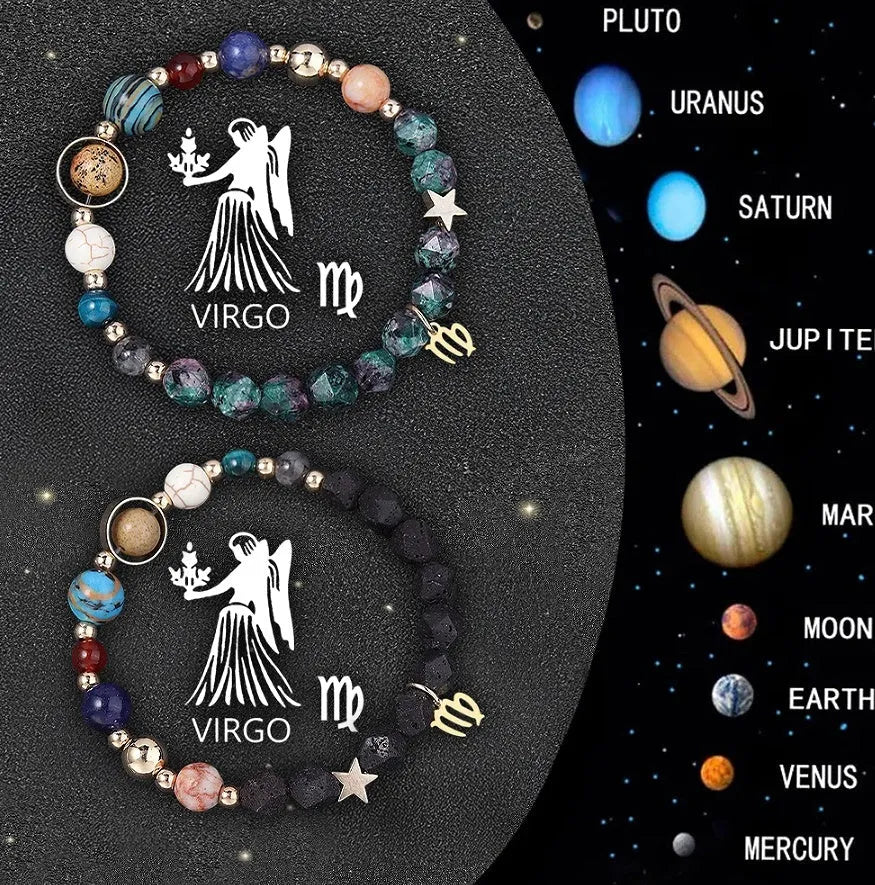 Set of two natural stone beaded bracelets for Chinese zodiac signs on a wooden surface.