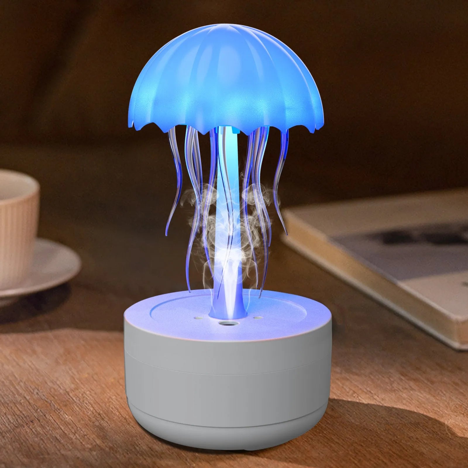White jellyfish style humidifier diffuser with colourful LED lights and mist output