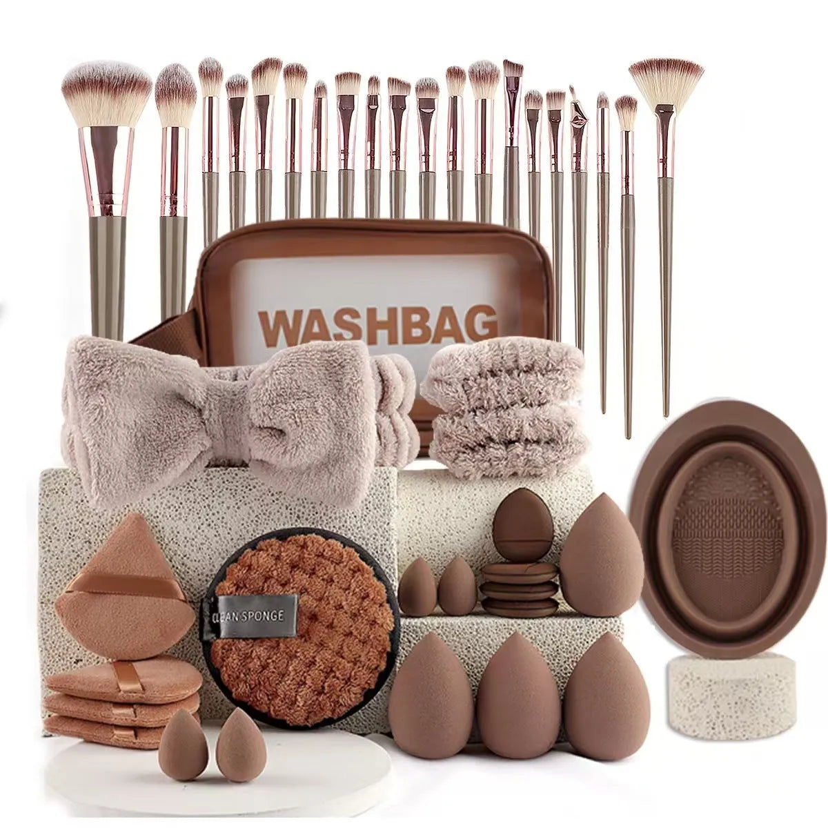 Hydrophilic non-latex beauty tools set with brushes in brown, pink, and purple colours for face washing and makeup