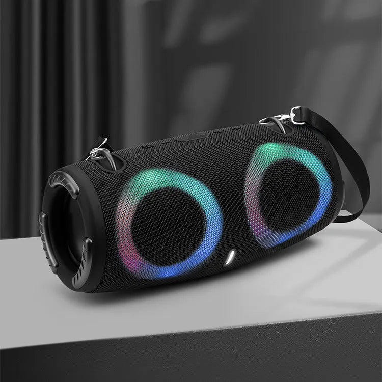 Portable Bluetooth speaker with colourful RGB lights in a choice of five colours including camouflage.