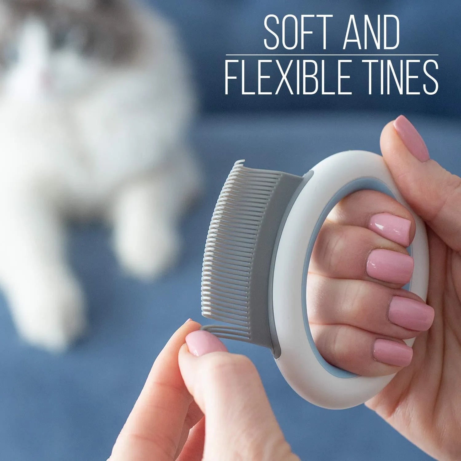 Blue pet grooming comb with soft teeth for cats and dogs on white background