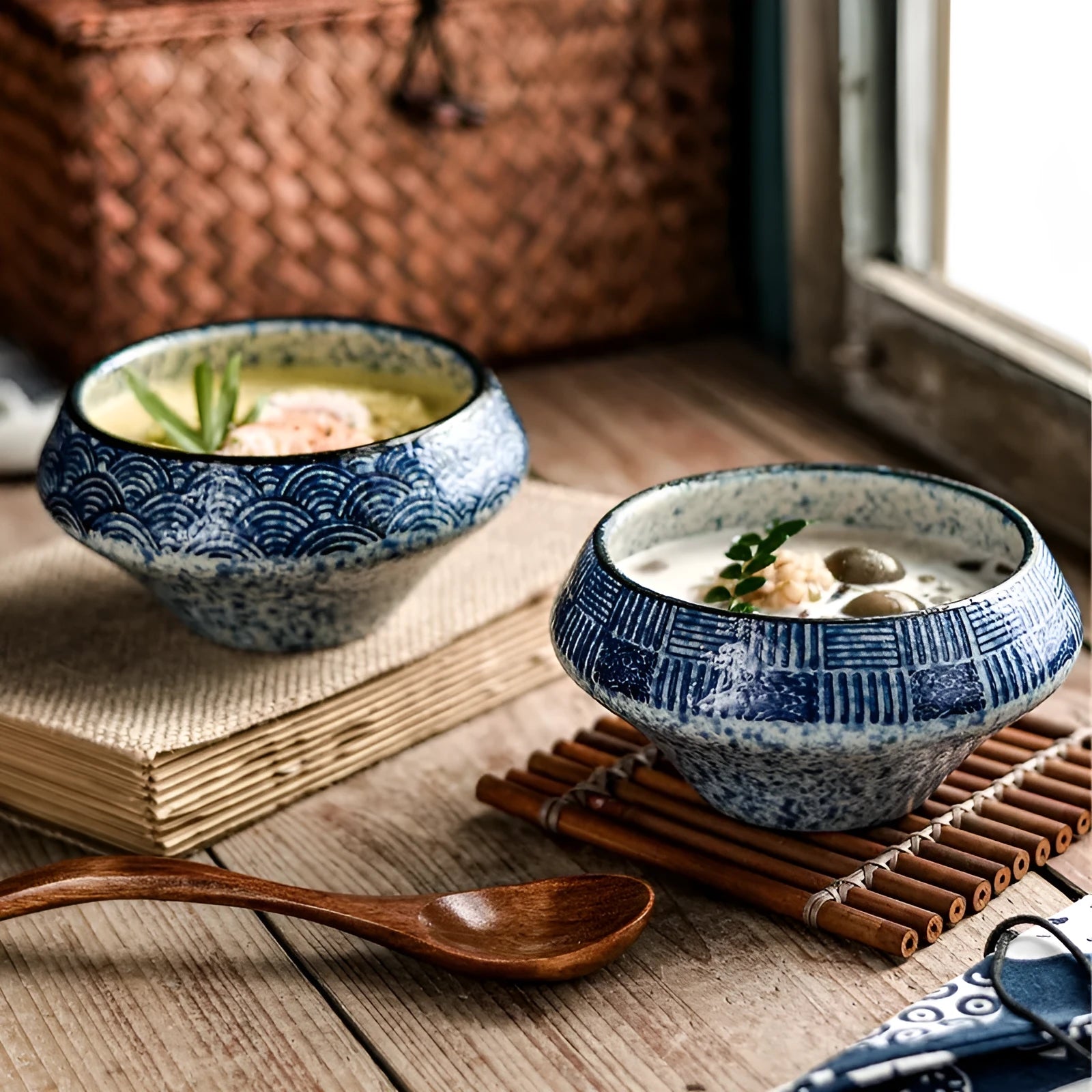 Ceramic Japanese soup bowl with stone conch shape and traditional Edo pattern design