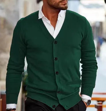 Men's slim fit acrylic cardigan sweater in beige colour, shown on a model.