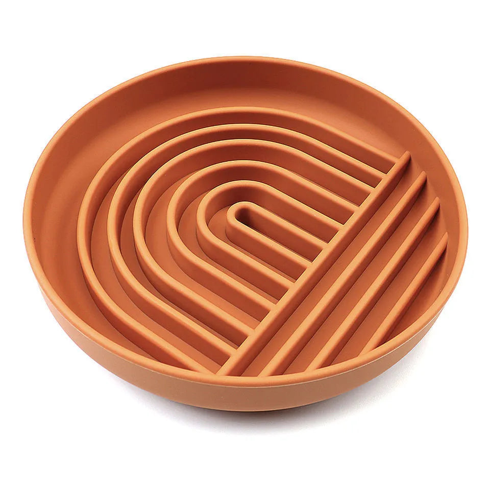 Silicone slow feeder dog bowl with textured ridges, shown in beige colour