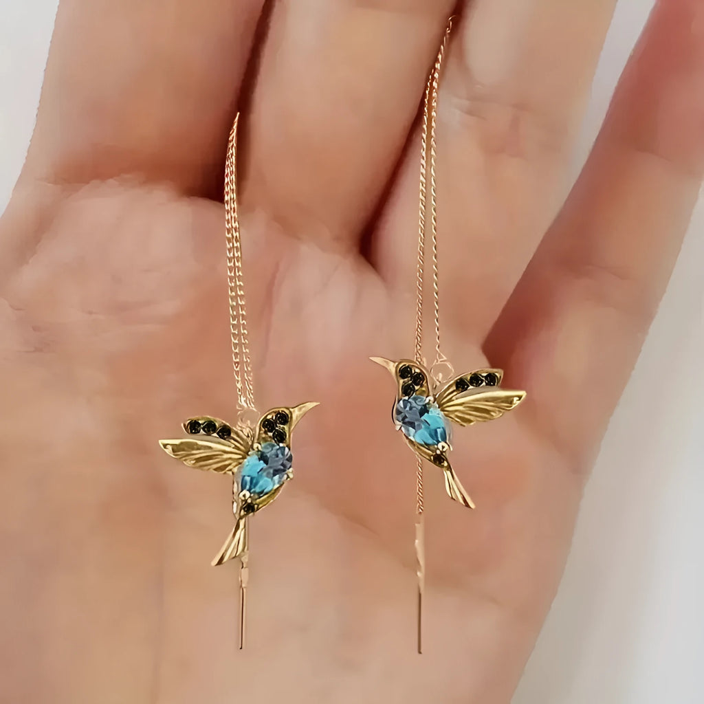 Long drop bird charm earrings in alloy with zircon detailing, available in blue, red, and red lvzuan.