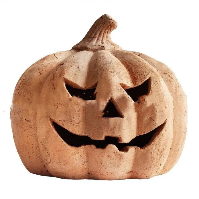 Synthetic resin pumpkin lamp on a doorstep, 19cm height with warm light, modern simplicity style for Halloween