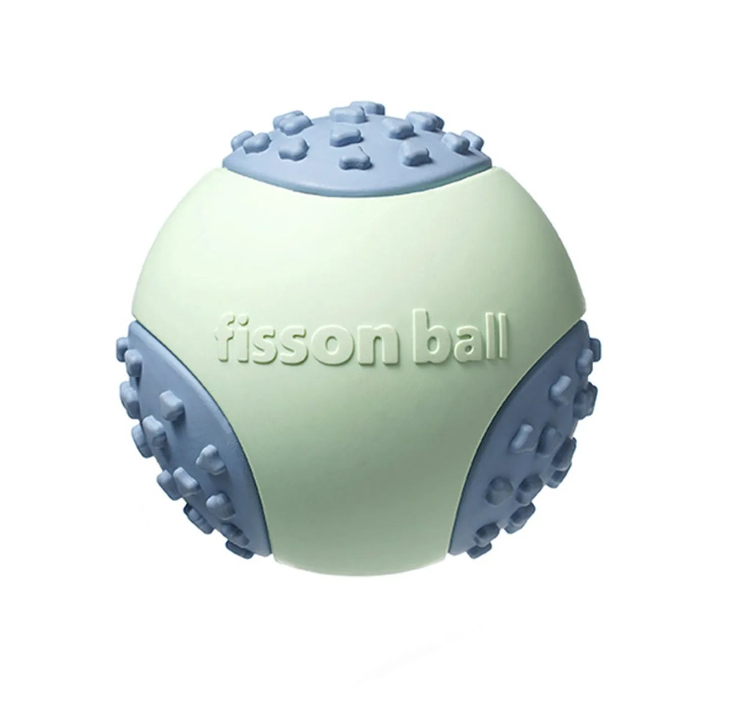 Green and pink rolling ball dog toy with 64mm diameter for small and medium dogs.