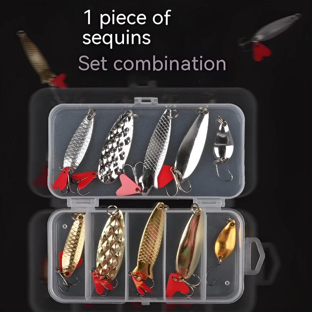 Fishing lure box with pineapple-shaped iron false baits and metal sequins in gold and silver colours