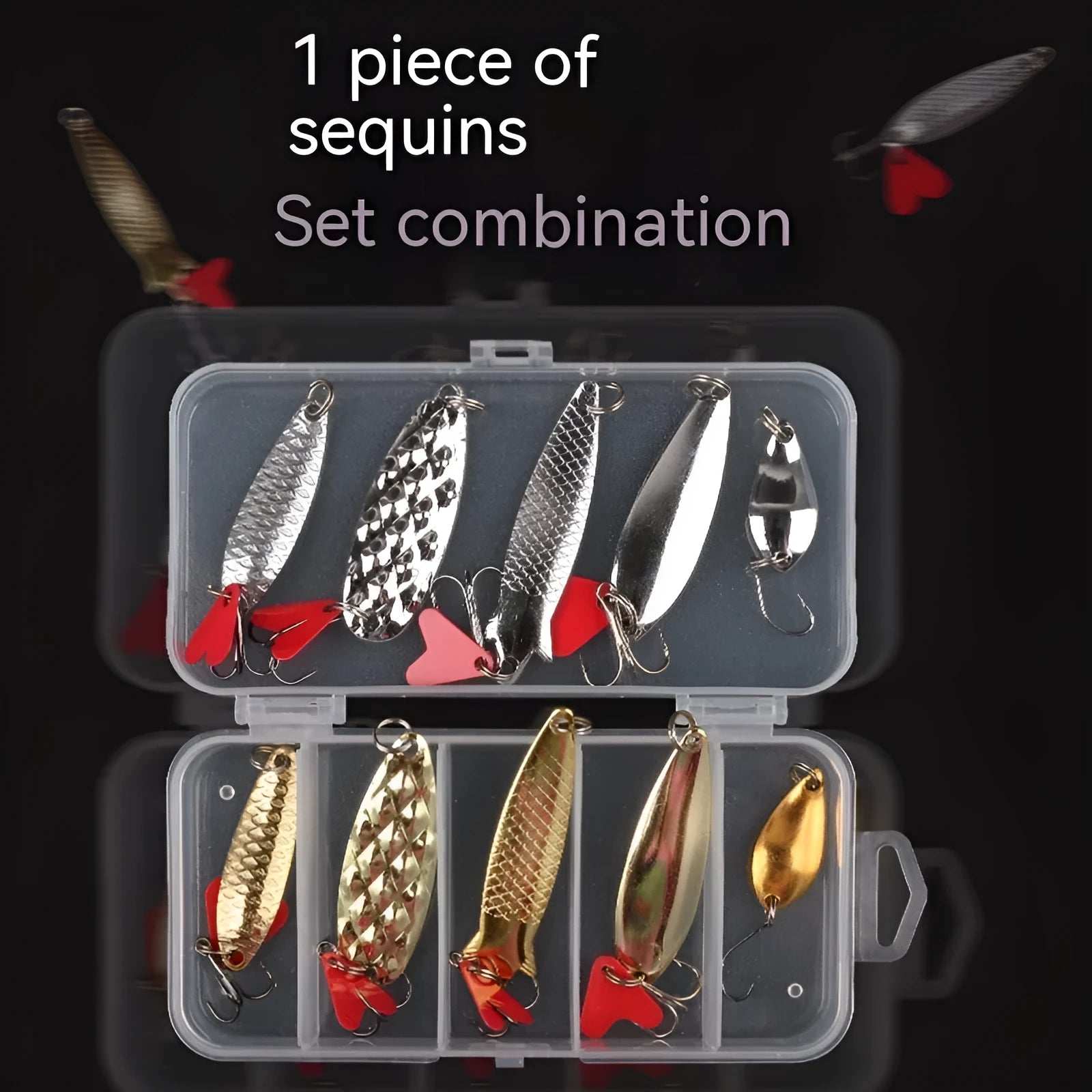 Fishing lure box with pineapple-shaped iron false baits and metal sequins in gold and silver colours