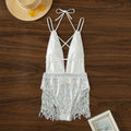 White deep V-neck one-piece swimsuit with tassel detailing and dress-style silhouette