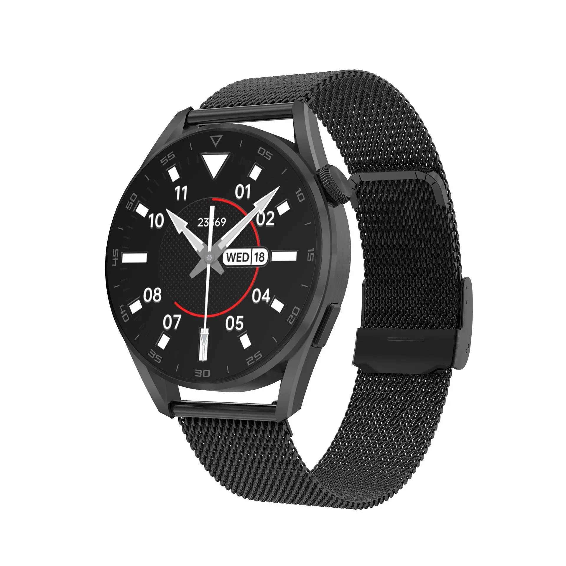 Bluetooth smart watch with 1.3 inch IPS touchscreen and metal wristband in black leather colour