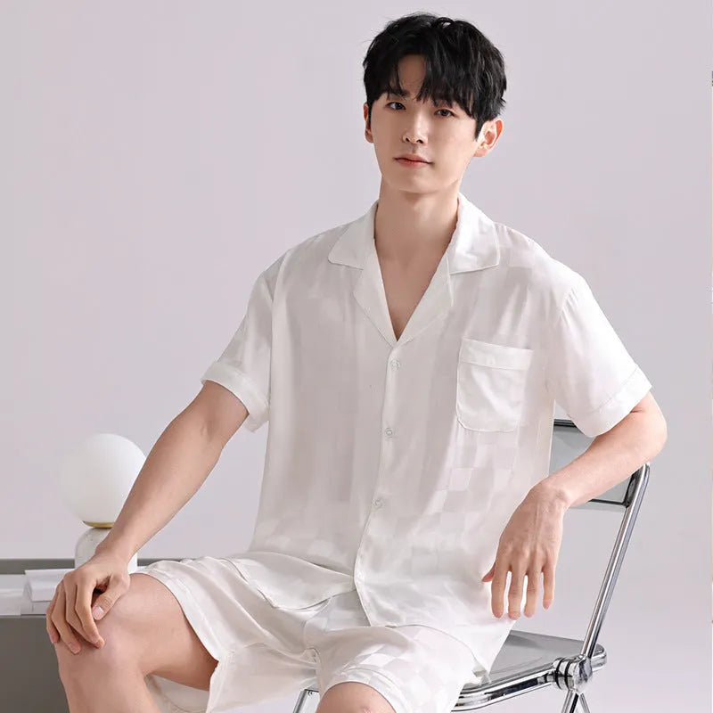 Men's ice silk pajama set with satin jacquard plaid pattern in cardigan style and shorts