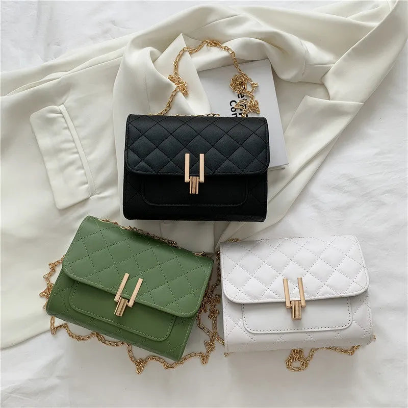 Women's crossbody bag with diamond lattice chain strap in black, white or green minimalist design